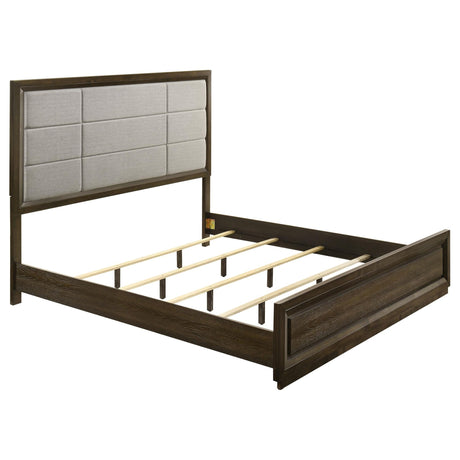 Atlas Eastern King Upholstered Panel Bed front view with grey fabric and dark oak frame