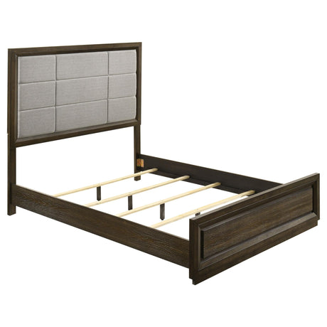 Front view of Atlas 63-inch Queen Upholstered Panel Bed in grey and dark oak