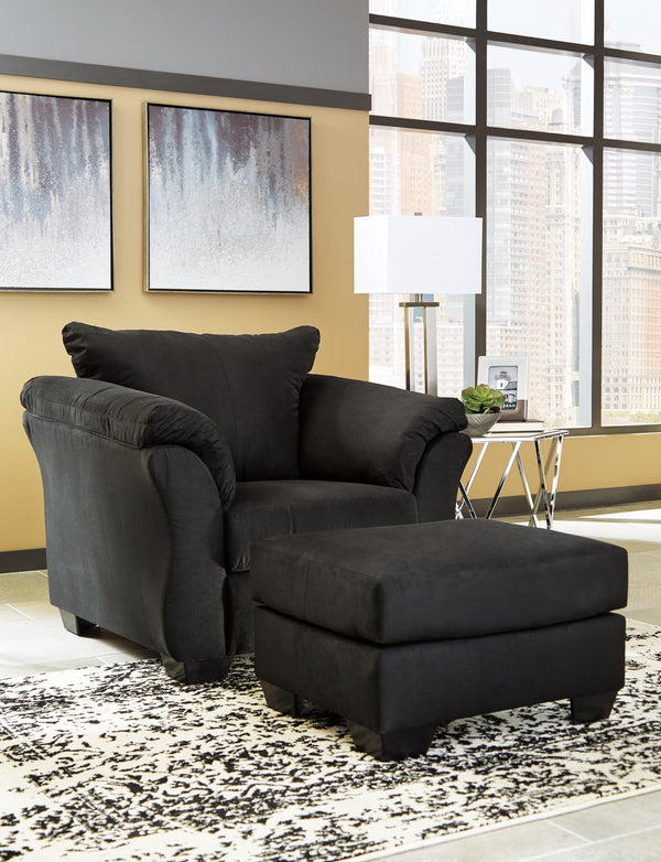 Darcy black chair and ottoman set front angle