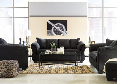 Darcy Black sofa main view with polyester upholstery and faux wood feet
