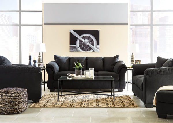 Darcy Black sofa main view with polyester upholstery and faux wood feet