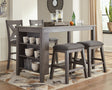 Caitbrook gray counter height dining table and 4 upholstered barstools front view