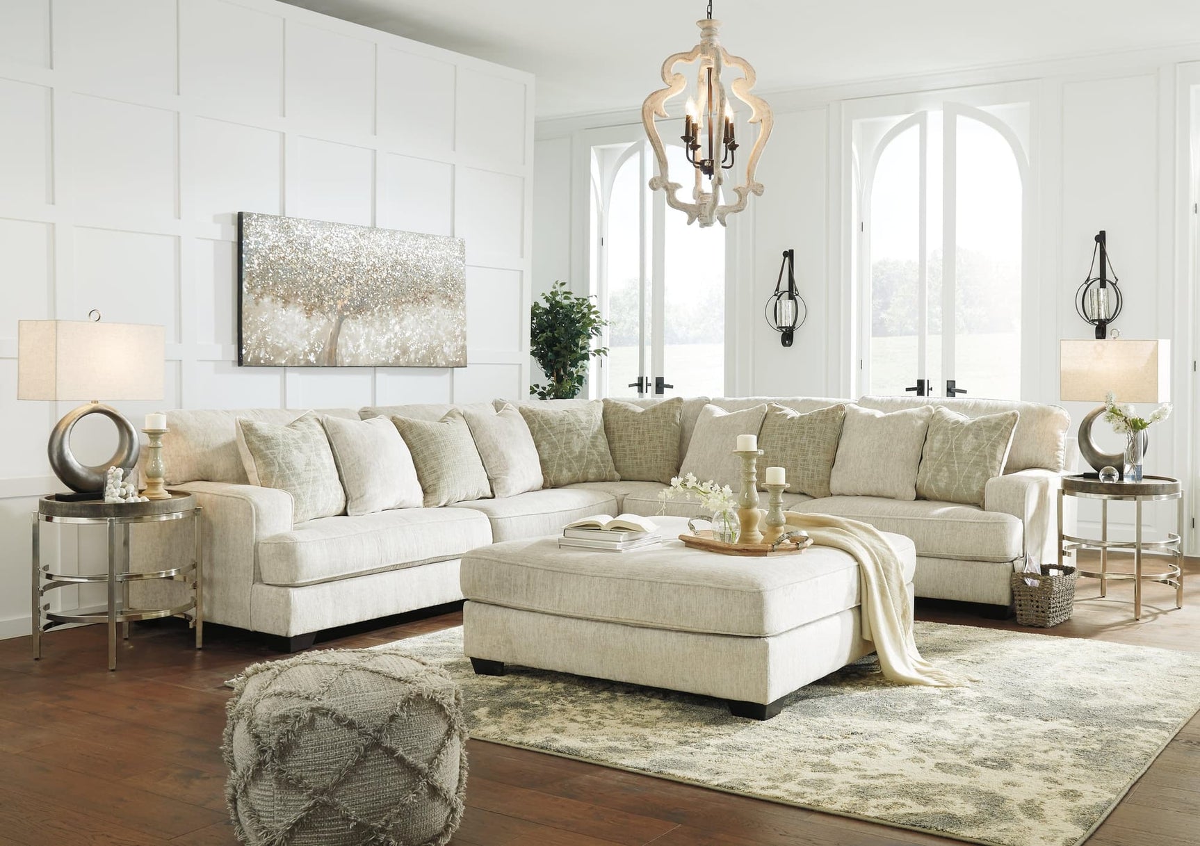 Front view of Rawcliffe Parchment 3-Piece Sectional Sofa with Ottoman