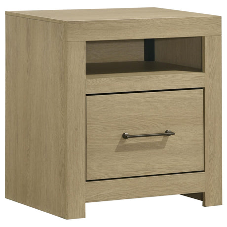 Hendricks nightstand front view in light oak finish