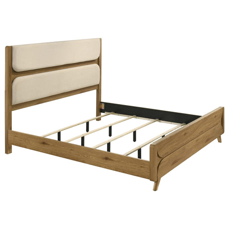 Bennett Eastern King Upholstered Panel Bed front view in cream and light oak