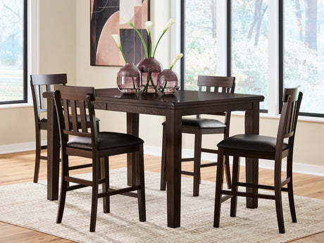Haddigan dark brown counter height dining table with four barstools - front view