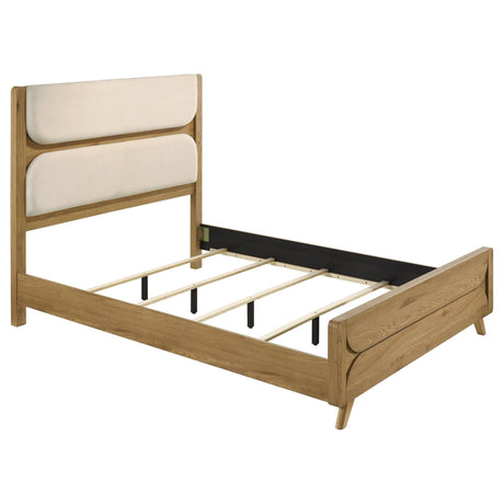 Bennett 62-inch queen upholstered panel bed in cream with light oak frame, front view
