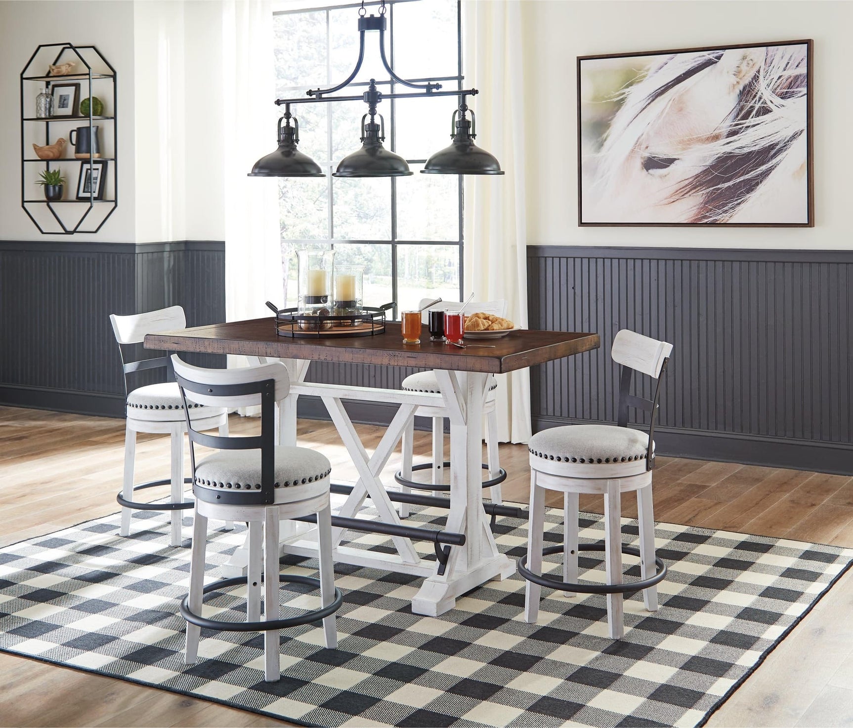 Valebeck rustic farmhouse counter height dining table with brown pine wood top and distressed white base
