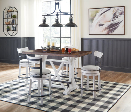 Valebeck rustic farmhouse counter height dining table with brown pine wood top and distressed white base