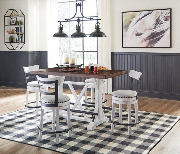 Valebeck rustic farmhouse counter height dining table with brown pine wood top and distressed white base