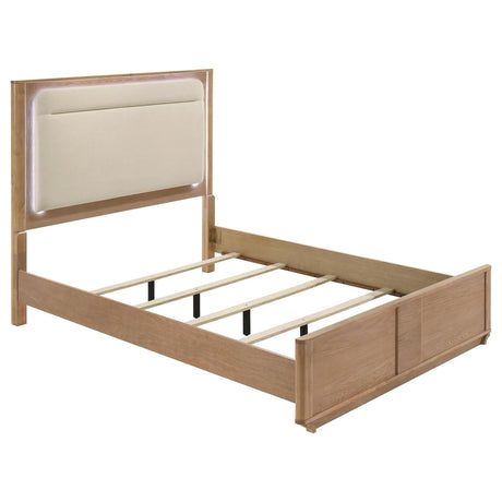 Leanne Queen LED Panel Bed off white and light oak, front view