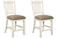 Front angle view of Bolanburg two-tone 2-piece bar stools showing upholstered seats