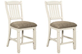 Front angle view of Bolanburg two-tone 2-piece bar stools showing upholstered seats