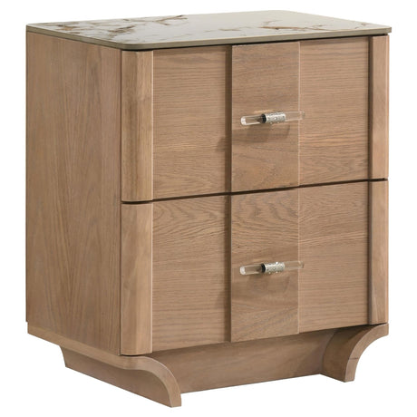 Leanne nightstand with sintered stone top and two drawers in light oak, front view