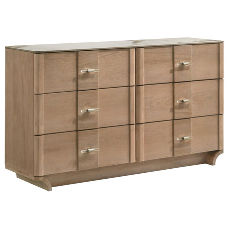 Leanne 6-drawer dresser front view with sintered stone top in light oak