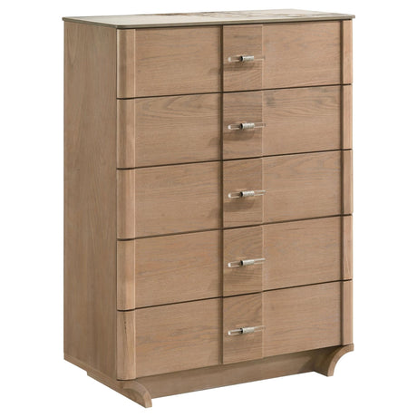Leanne 5-drawer chest with light oak finish and sintered stone top, front view