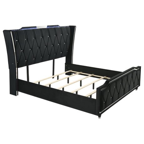 Front angle of Lorient Eastern King LED Upholstered Bed in black velvet