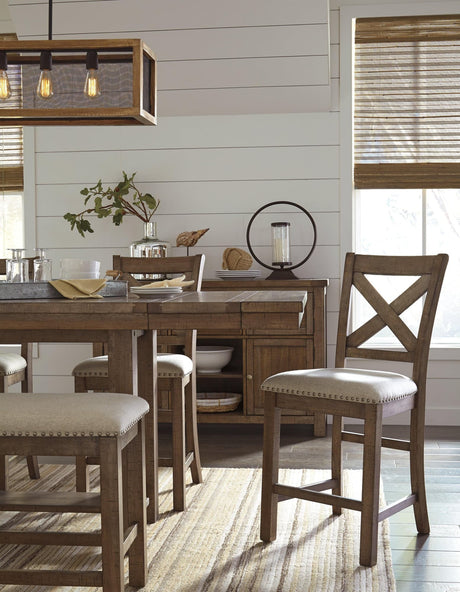 Moriville beige upholstered bar stool front angle