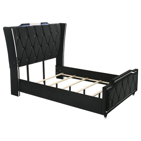 Lorient Queen upholstered wingback bed black velvet, front view showing tufted headboard and LED lighting