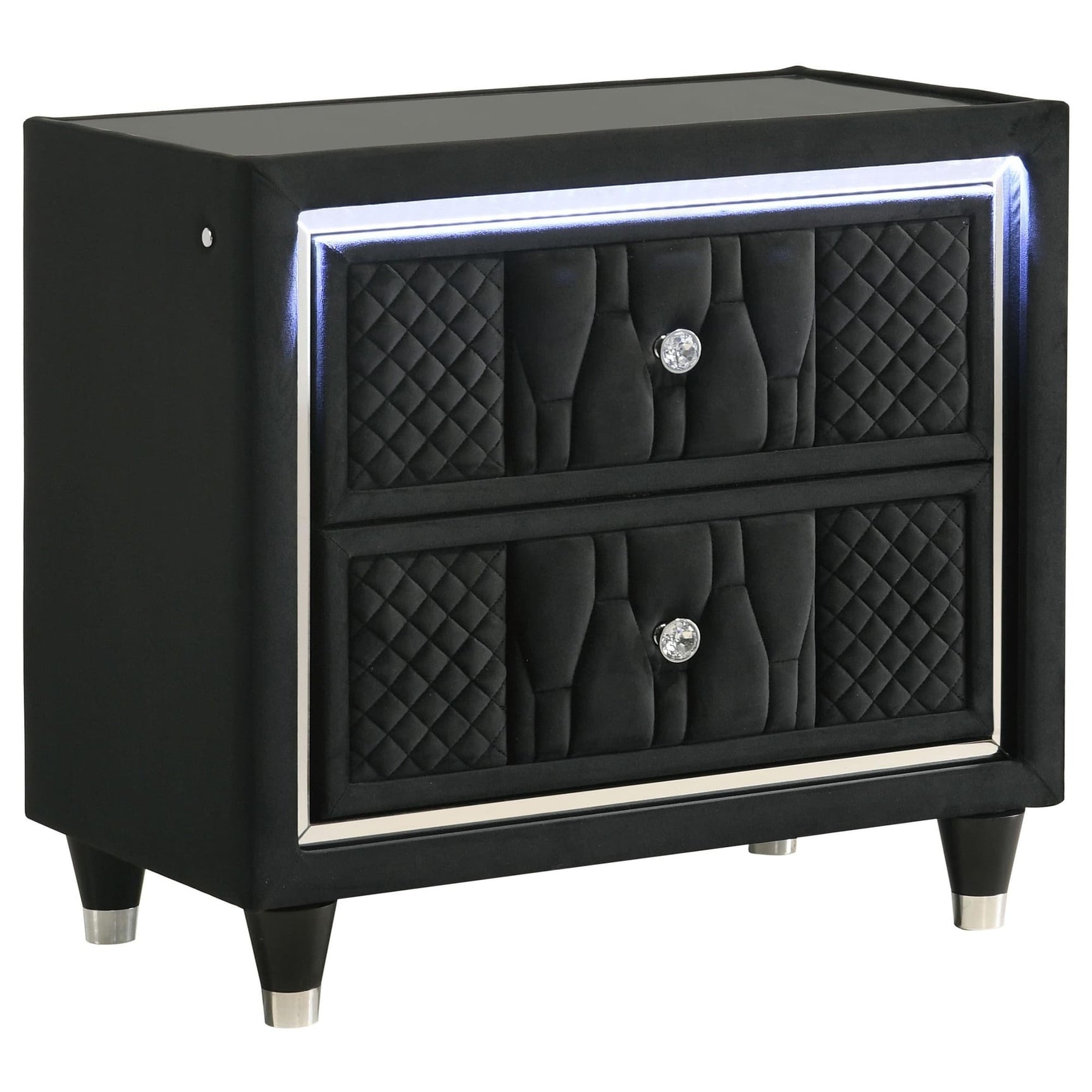 Lorient black velvet 2-drawer nightstand front view