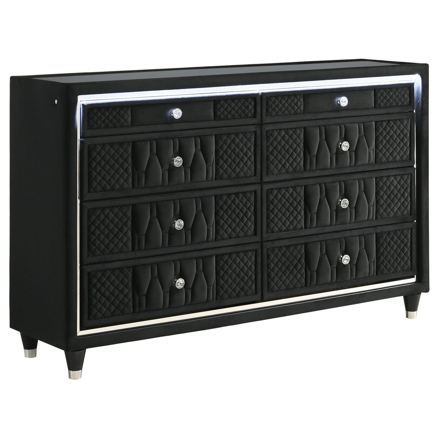 Lorient black velvet 8-drawer LED bedroom dresser cabinet front angle