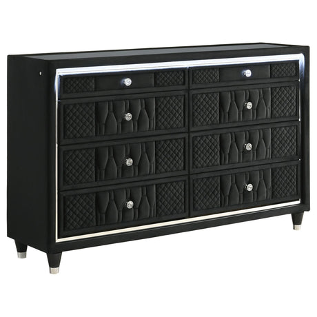 Lorient black velvet 8-drawer LED bedroom dresser cabinet front angle