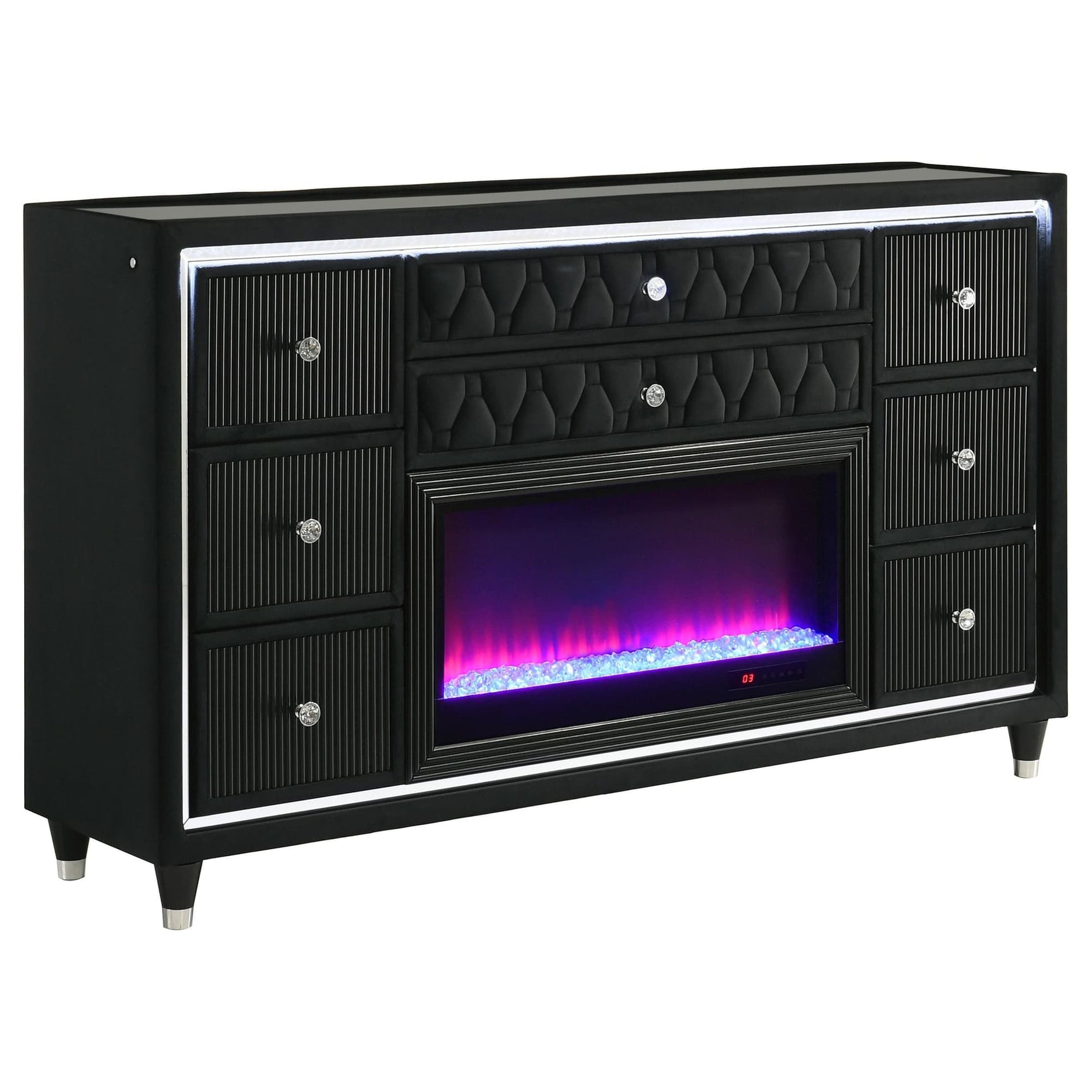 Lorient dresser front view showing eight quilted black velvet drawers with crystal knobs