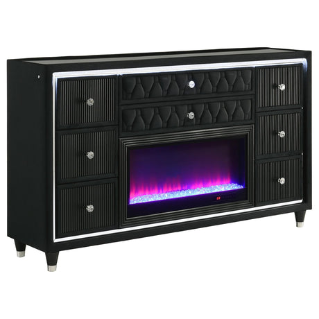 Lorient dresser front view showing eight quilted black velvet drawers with crystal knobs
