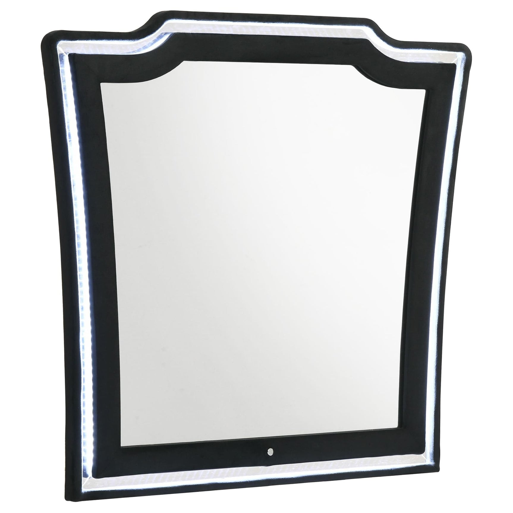 Lorient Black Velvet LED Dresser Mirror front view with LED lighting on