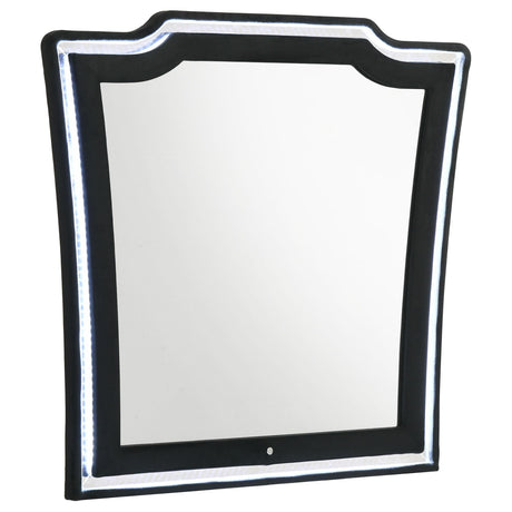 Lorient Black Velvet LED Dresser Mirror front view with LED lighting on