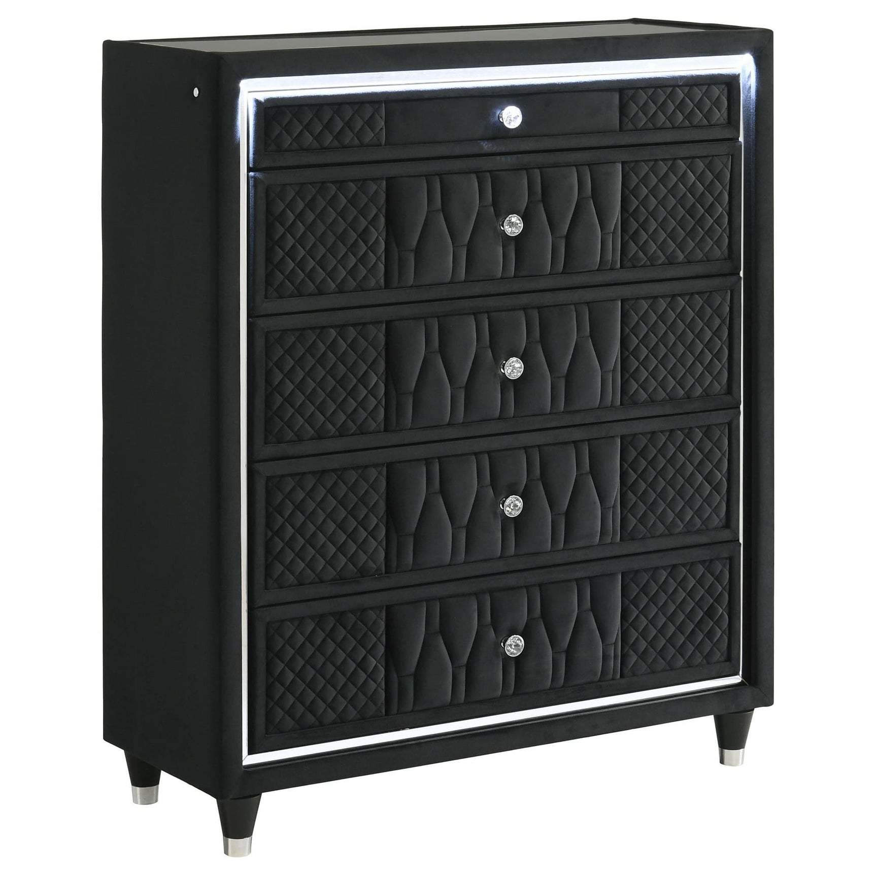 Lorient 5-drawer LED Chest of Drawers in black velvet, front view