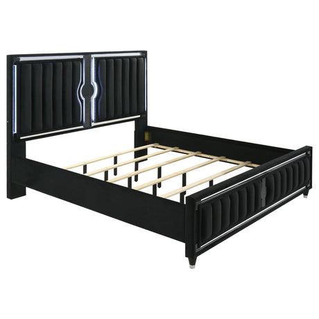 Ravenne black velvet upholstered eastern king LED panel bed, front view