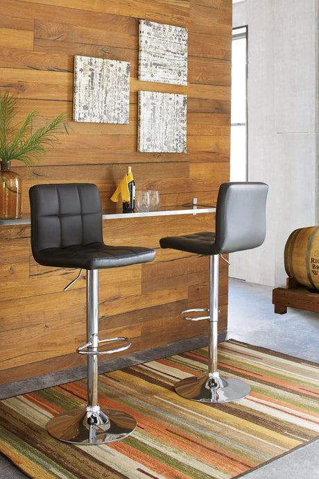Bellatier black faux leather bar stool with chrome base front angle