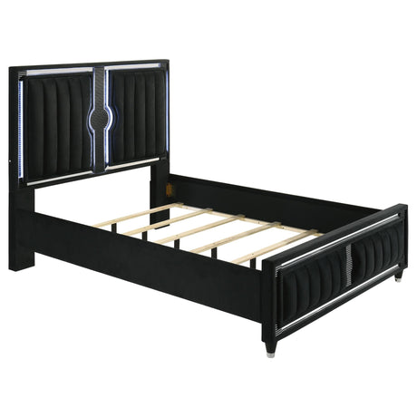 Ravenne black velvet upholstered queen LED panel bed front view