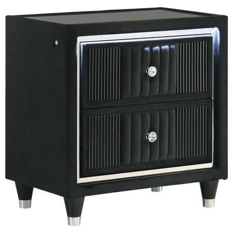Ravenne black velvet upholstered nightstand front view with drawers closed