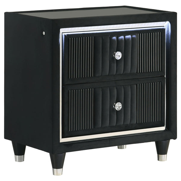 Ravenne black velvet upholstered nightstand front view with drawers closed