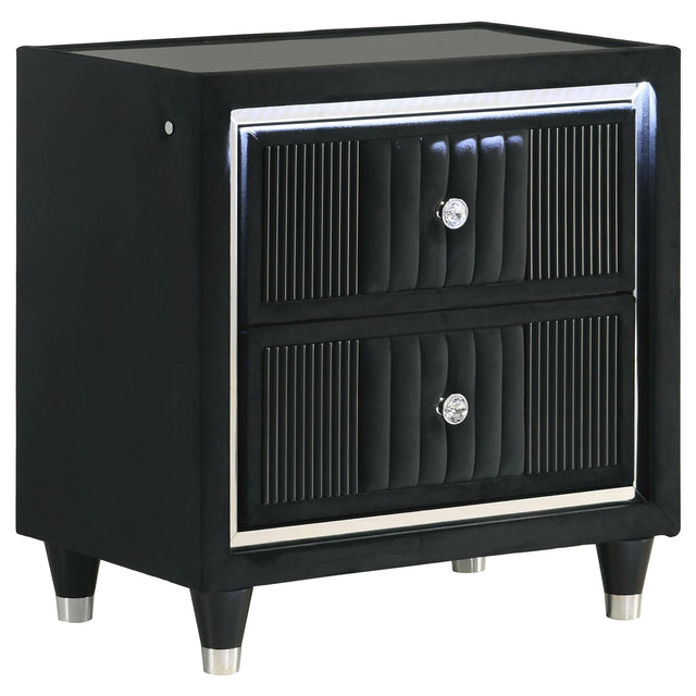 Ravenne black velvet upholstered nightstand front view with drawers closed