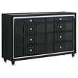 Ravenne 8-drawer black velvet dresser angled view showing LED lighting