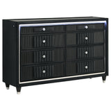 Ravenne 8-drawer black velvet dresser angled view showing LED lighting