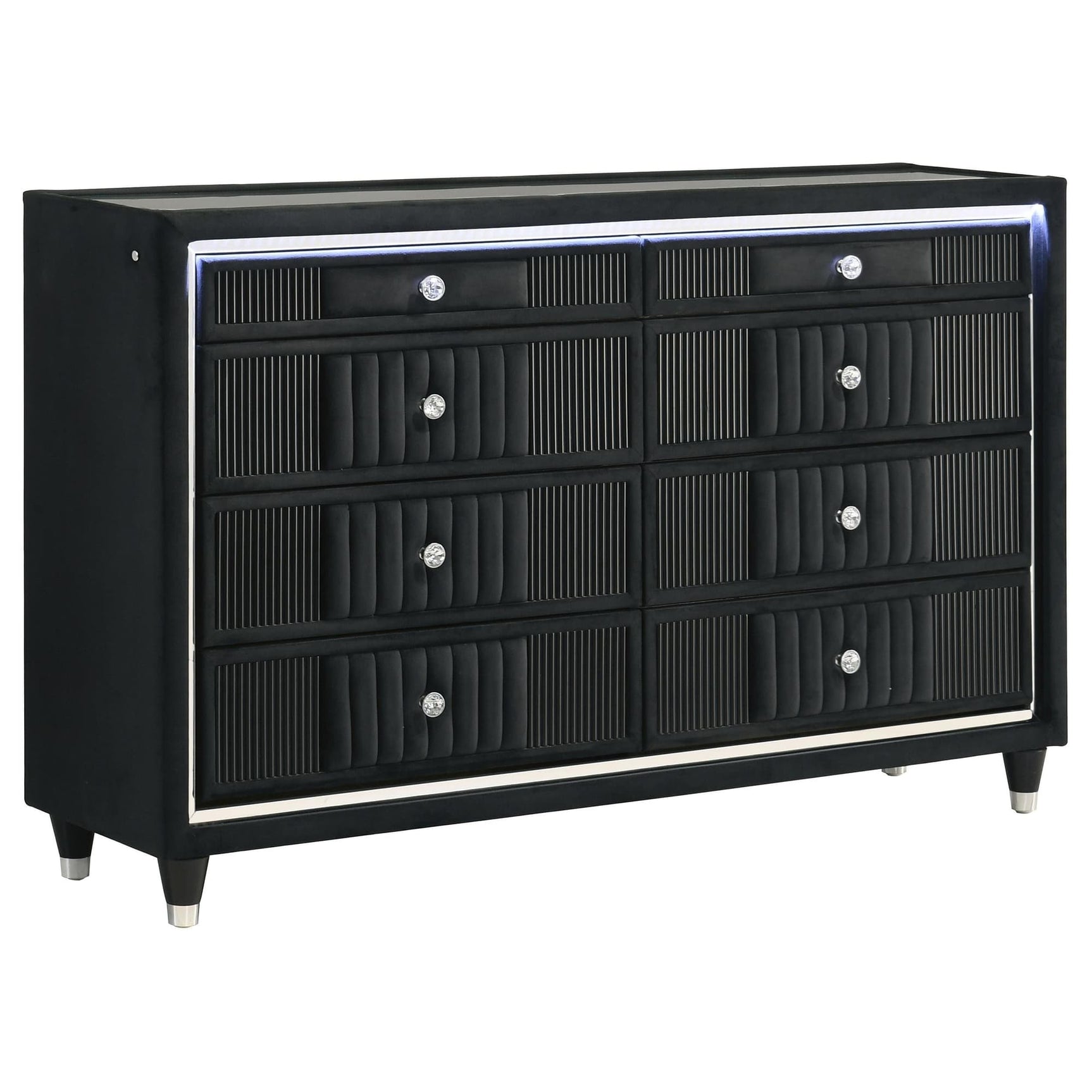Ravenne 8-drawer black velvet dresser angled view showing LED lighting