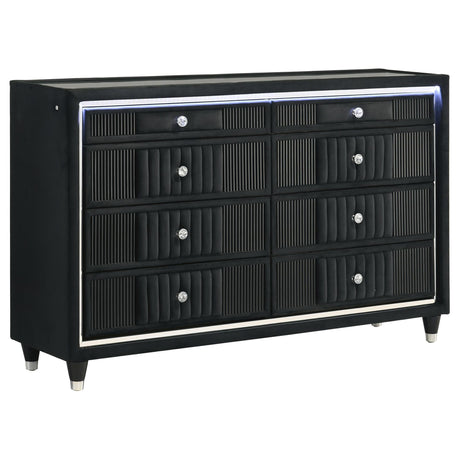 Ravenne 8-drawer black velvet dresser angled view showing LED lighting