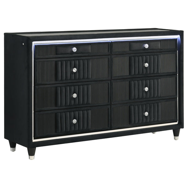 Ravenne 8-drawer black velvet dresser angled view showing LED lighting