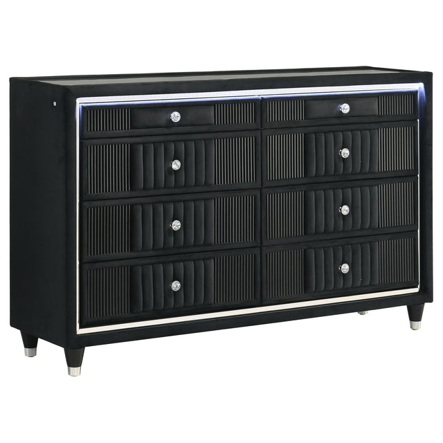 Ravenne 8-drawer black velvet dresser angled view showing LED lighting