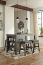 Caitbrook gray counter height dining table front view with four gray upholstered barstools