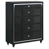 Ravenne 5-drawer velvet upholstered chest with LED lighting in black, front view