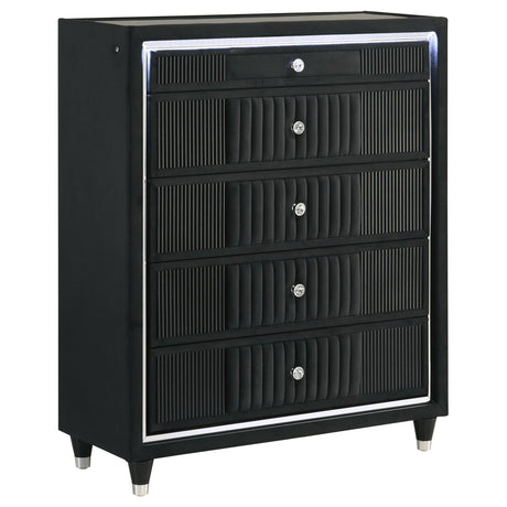 Ravenne 5-drawer velvet upholstered chest with LED lighting in black, front view
