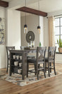 Counter height dining table with antiqued gray wash and side shelves