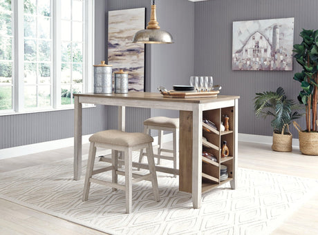 Skempton counter height dining table with light brown plank-effect top and rubbed-through grayish white base, front angle