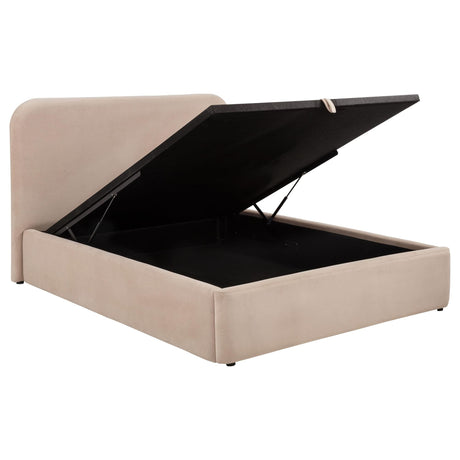 Anders Eastern King Storage Upholstered Lift-Top Platform Bed front view in beige fabric