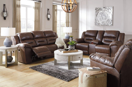 Stoneland Chocolate sofa angled front view showing channel-stitched back cushions